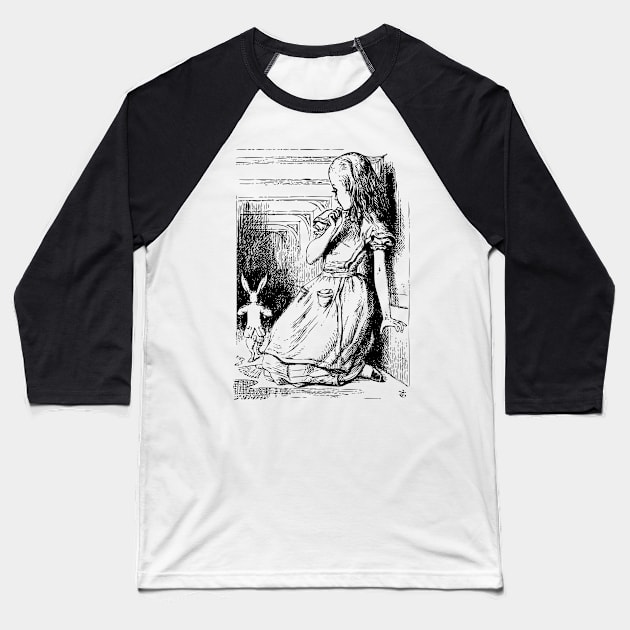 Alice in Wonderland | Giant Alice Watches Rabbit Run Away | Vintage Alice | Baseball T-Shirt by Eclectic At Heart